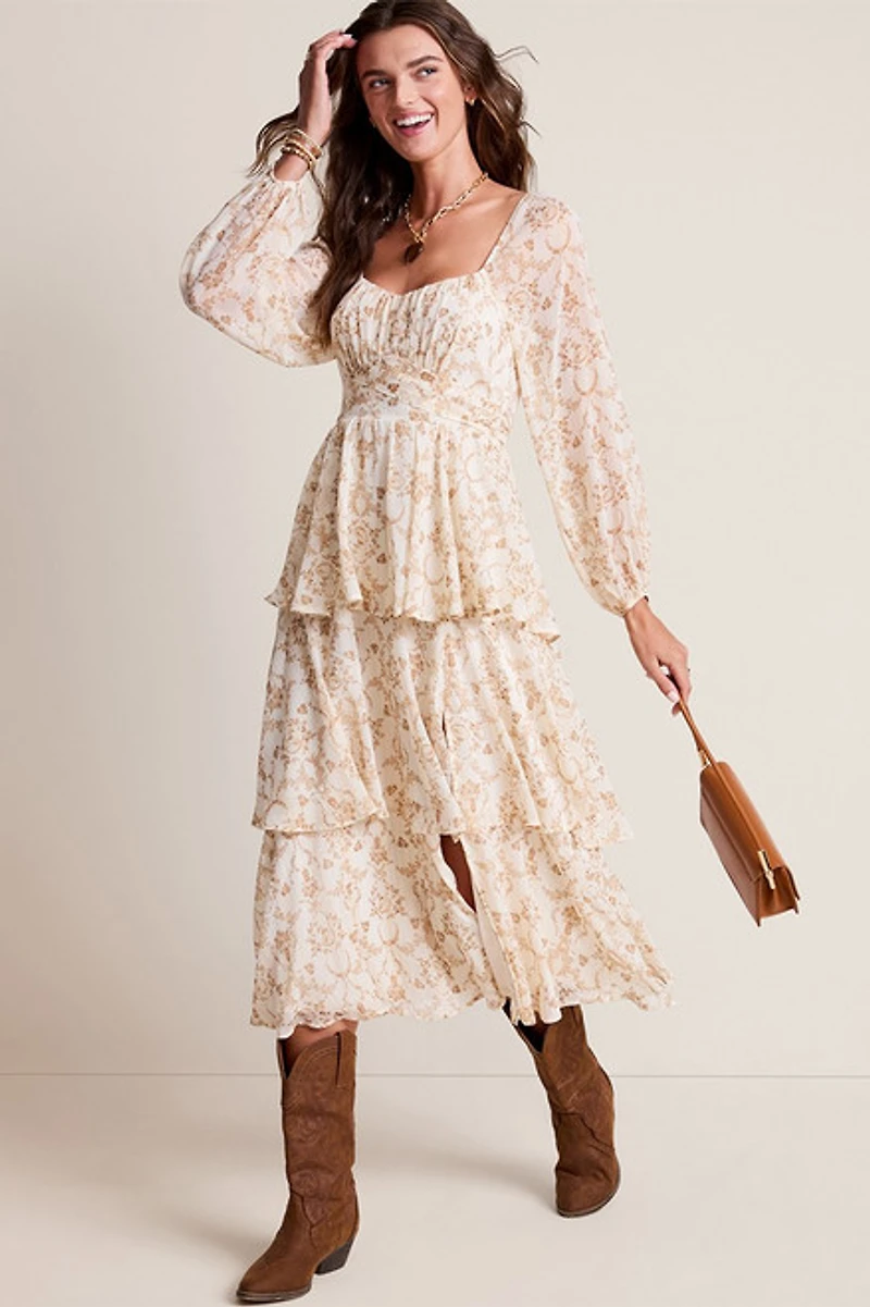 Elena Toile Print Tiered Midi Dress