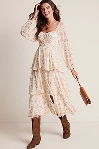 Elena Toile Print Tiered Midi Dress