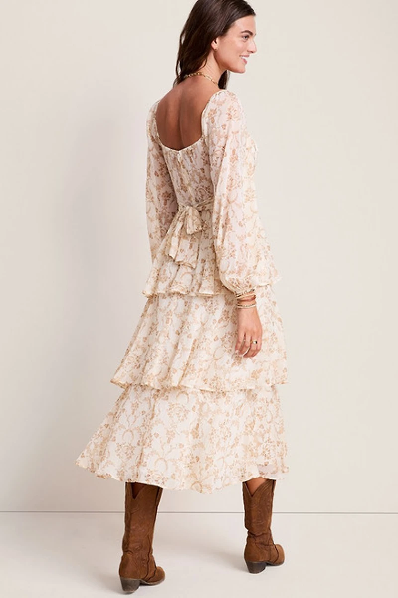 Elena Toile Print Tiered Midi Dress