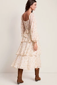 Elena Toile Print Tiered Midi Dress