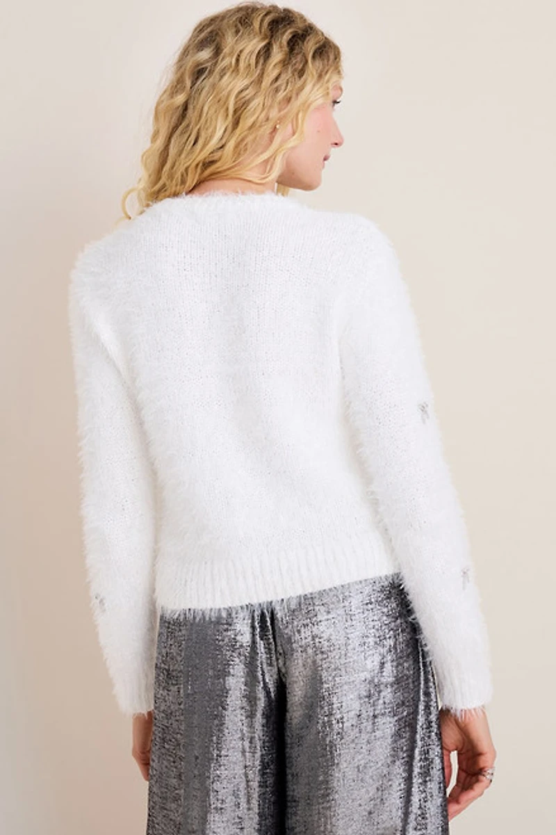 Natasha Bow Embellished Fuzzy Sweater