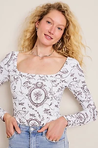 yummi by francesca's Long Sleeve Toile Print Bodysuit