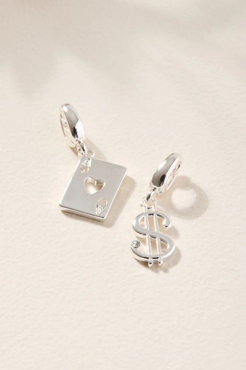Playing Card and Money Sign Charm Set Silver