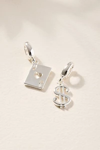 Playing Card and Money Sign Charm Set Silver