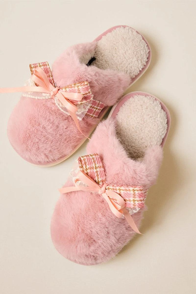 Plaid Bow Fuzzy Slippers