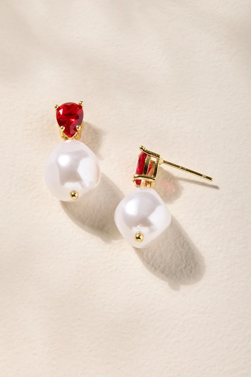 Kelly Red Emerald Pearl Drop Earrings