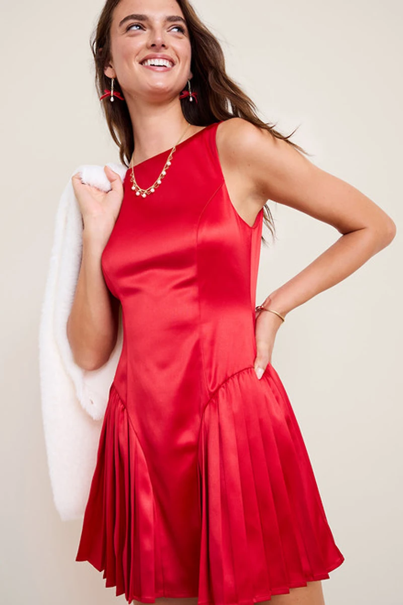 Melissa Satin Pleated Mini Dress