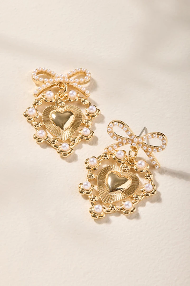 Kim Pearl Heart On Bow Earrings