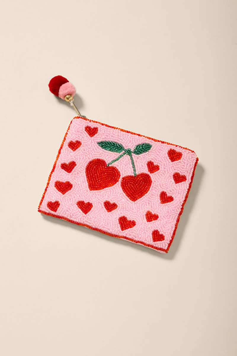 Cherry Heart Beaded Pouch