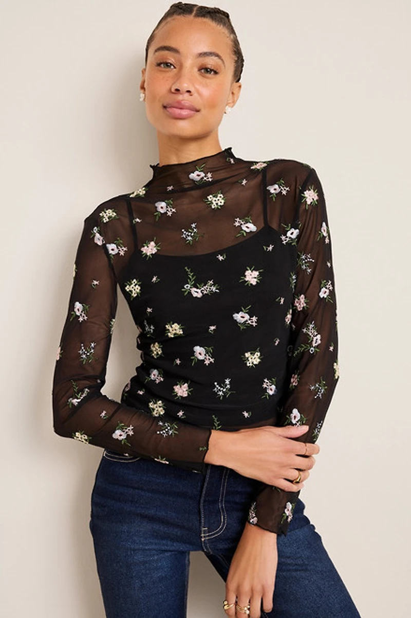 Lisa Floral Embroidered Mesh Top