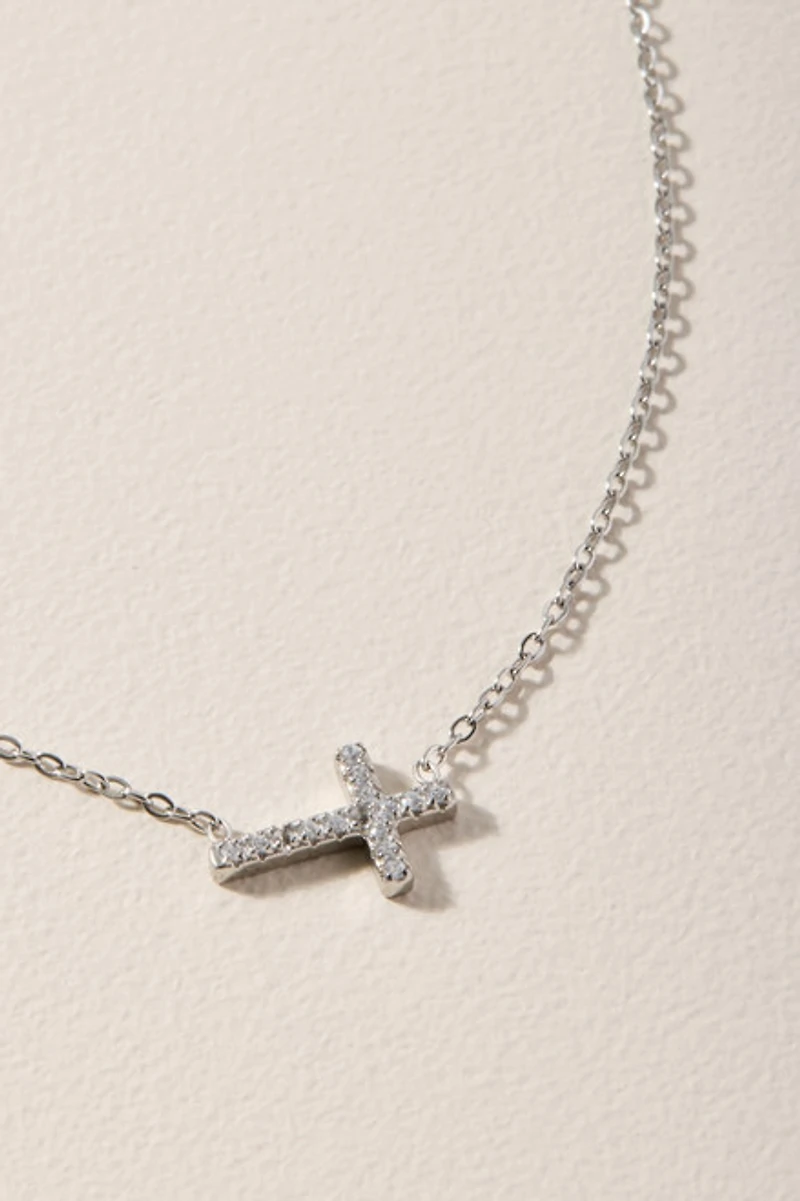 Angela Stainless Steel Silver Sideways Cross Pendant Necklace