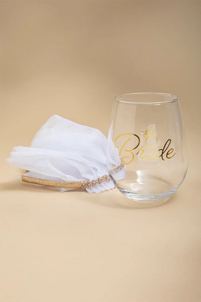 Bride Stemless Wine Glass and Veil Headband