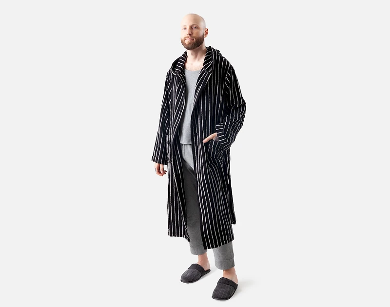 Yarn Dye Terry Hooded Bathrobe - Black