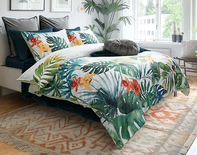 Palawan Tropical Duvet Cover, Cotton Set, Botanical, Green, Queen