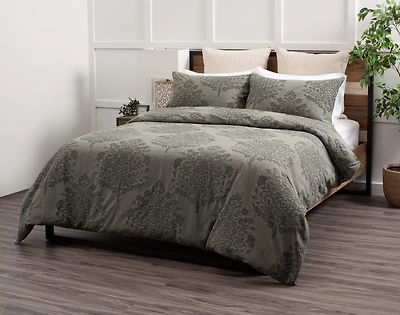 Raintree Stonewashed Duvet Cover, Cotton Set, Botanical, Green, Queen