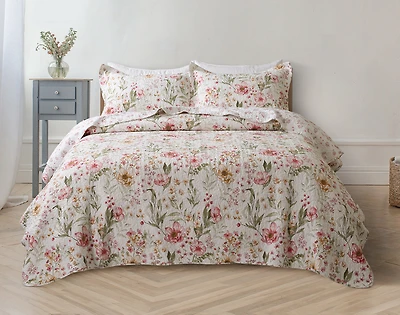 Belle Cotton Quilt Set, Floral, Pink, Queen