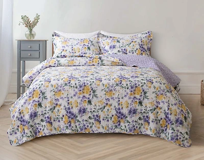 Keiley Cotton Quilt Set, Floral, Purple, Queen