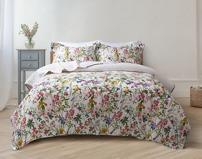 Summerfield Cotton Quilt Set, Floral, White, Queen