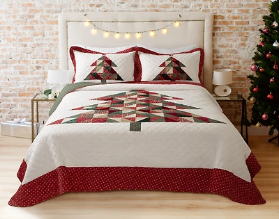 Christmas Tree Cotton Quilt Set, Patchwork, Red, Queen