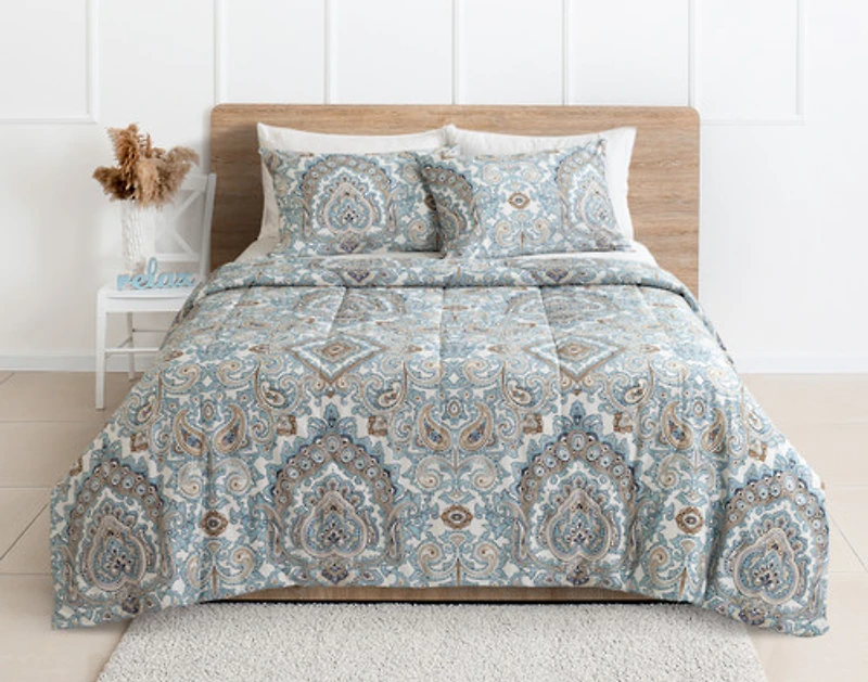 Phoebe Cotton Comforter Set, Paisley, Blue,