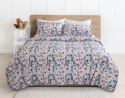Emma Cotton Comforter Set, Floral, Green, Queen