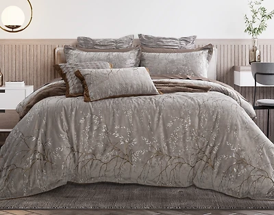 Luxembourg Velvet Duvet Cover, Cotton, Botanical, Grey, Queen