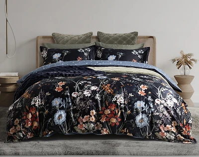 Sarita Duvet Cover, Cotton, Floral, Black,