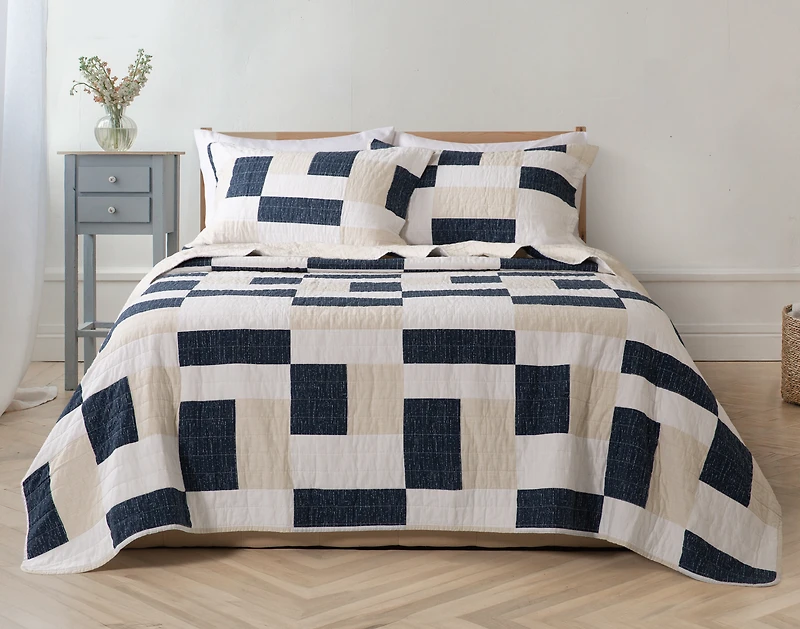 Zander Cotton Quilt Set, Patchwork, Blue,