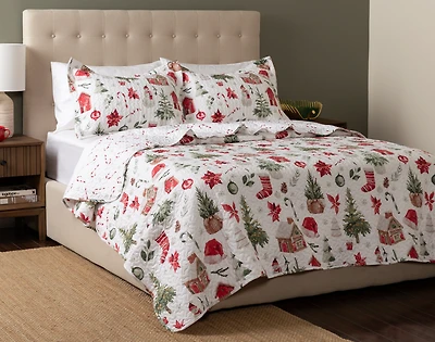 Snowy Village Recycled Polyester Coverlet Set, Seasonal, White,