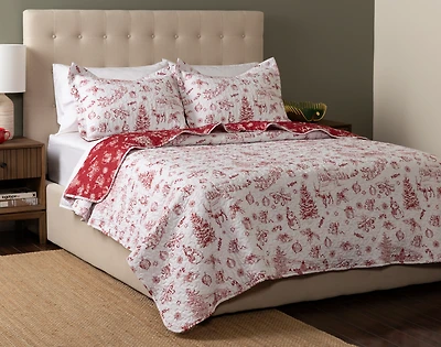 Yuletide Toile Recycled Polyester Coverlet Set, Seasonal, White,