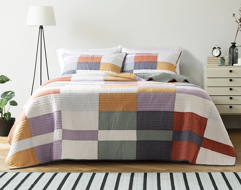 Domino Cotton Quilt Set, Geometric, Orange,