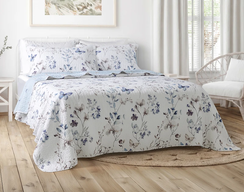 Alma Cotton Quilt Set, Floral, Blue,