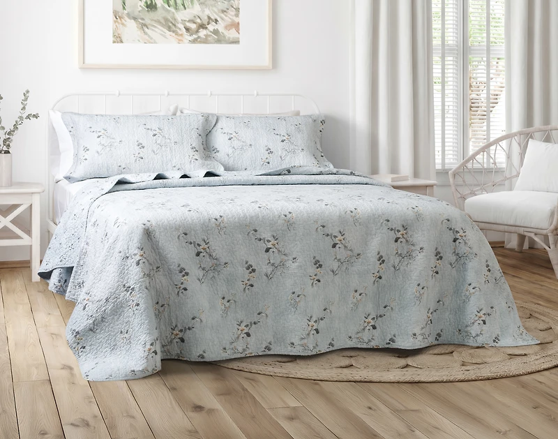 Adeline Cotton Quilt Set, Floral, Blue,
