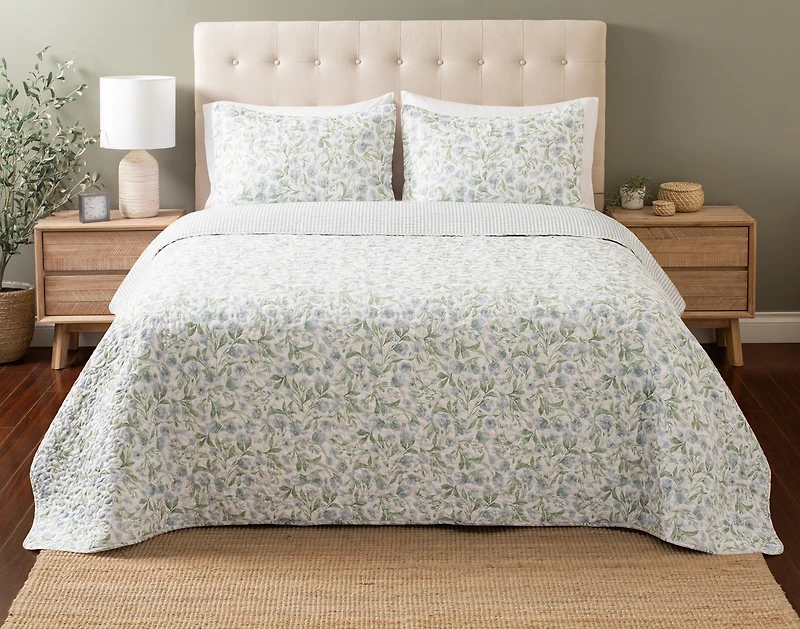 Pippa Recycled Polyester Coverlet Set, Floral, Green,