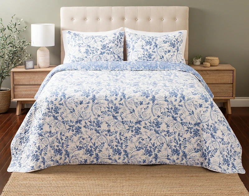 Willa Recycled Polyester Coverlet Set, Botanical, Blue,