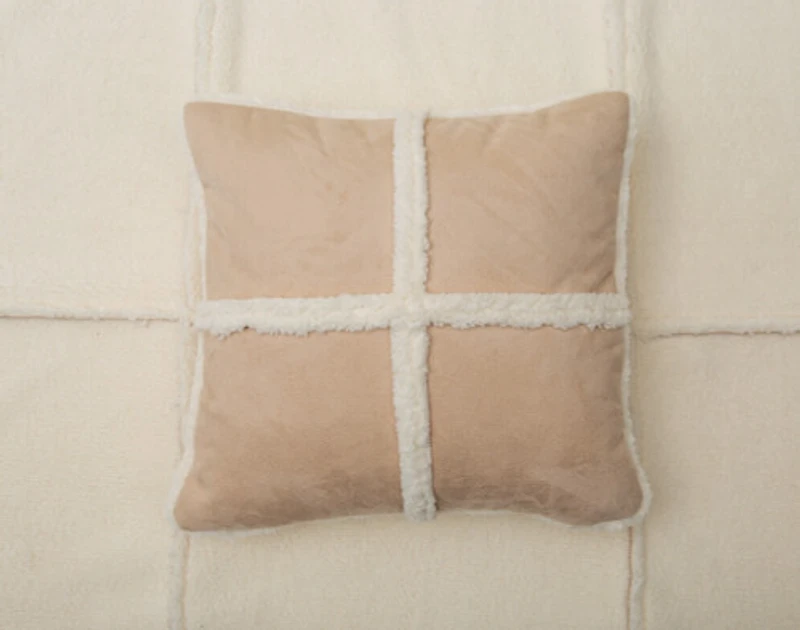 Windowpane Shearling Square Cushion , Beige, 18" x 18"