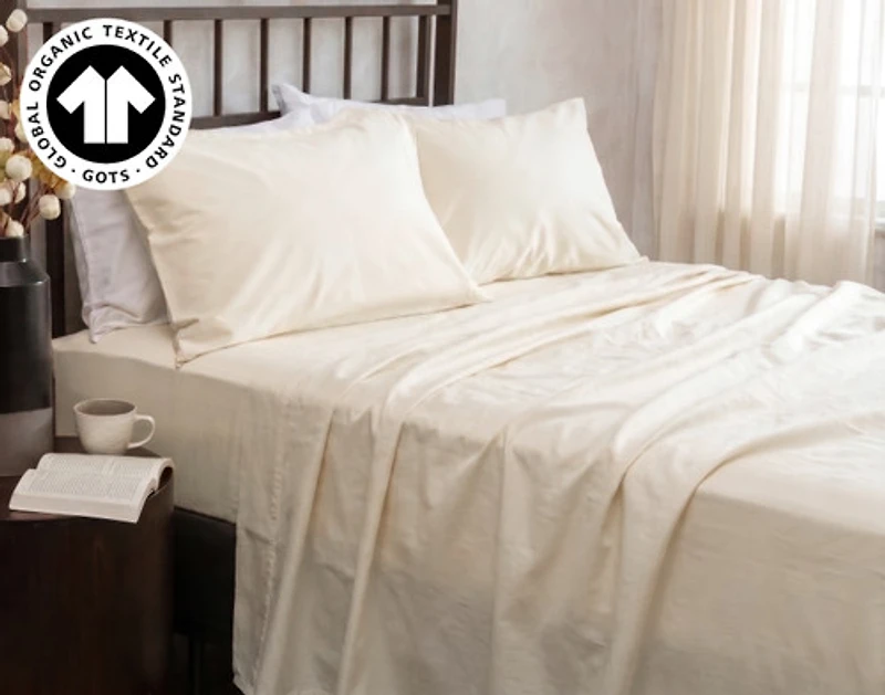 Undyed & Unbleached Organic Cotton Sateen Sheet Set, GOTS Certified, Beige,
