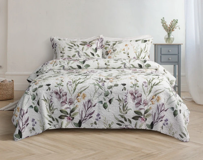 Simone Cotton Quilt Set, Floral, White,