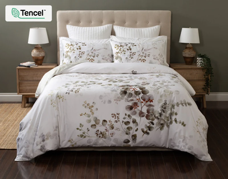 Sasha Botanical Duvet Cover, TENCEL Lyocell, Botanical, White,