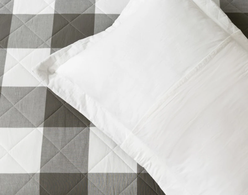 Wellington Pine Gingham Cotton Quilt Set, Geometric, Grey, Queen