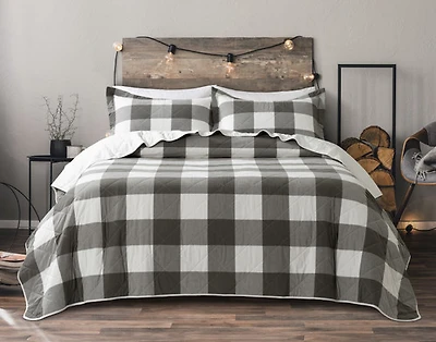 Wellington Pine Gingham Cotton Quilt Set, Geometric, Grey, Queen