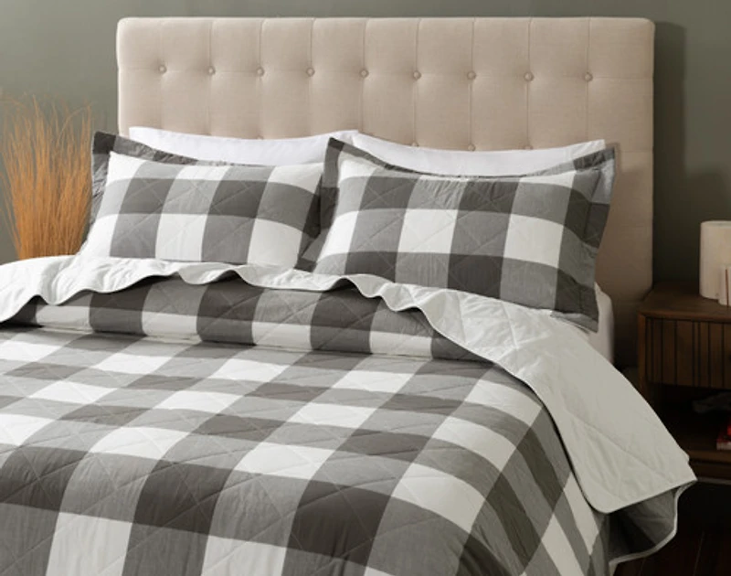 Wellington Pine Gingham Cotton Quilt Set, Geometric, Grey, Queen