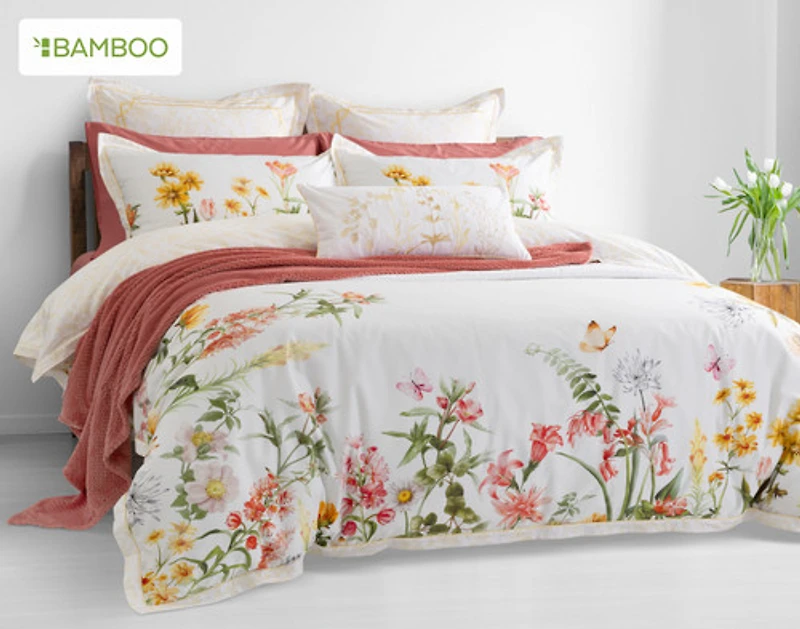 Corsage Floral Duvet Cover, Cotton, Bamboo Floral, White,