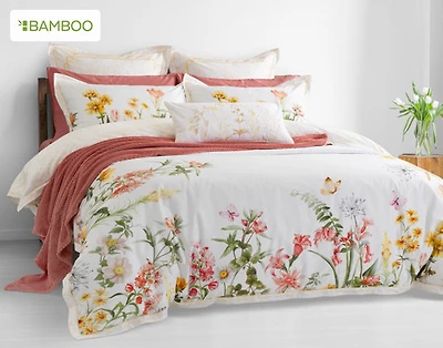 Corsage Floral Duvet Cover, Cotton, Bamboo Floral, White,