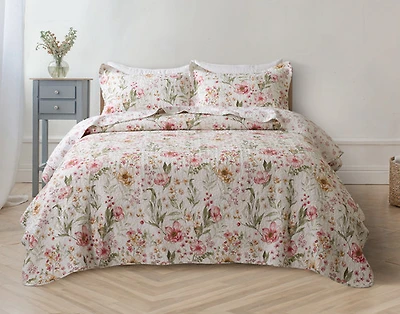 Belle Cotton Quilt Set, Floral, Pink,