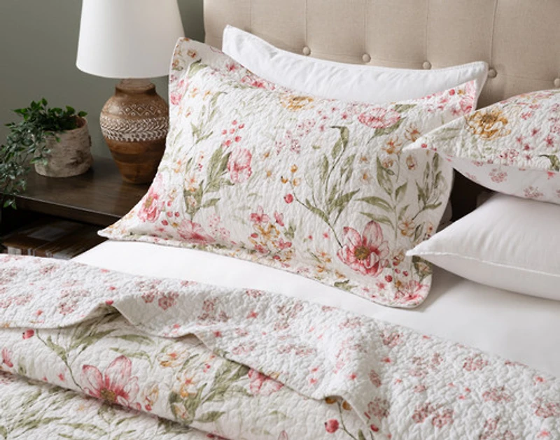 Belle Cotton Quilt Set, Floral, Pink,