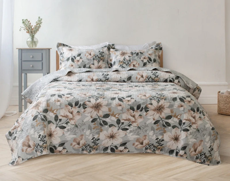 Ashland Cotton Quilt Set, Floral, Grey,