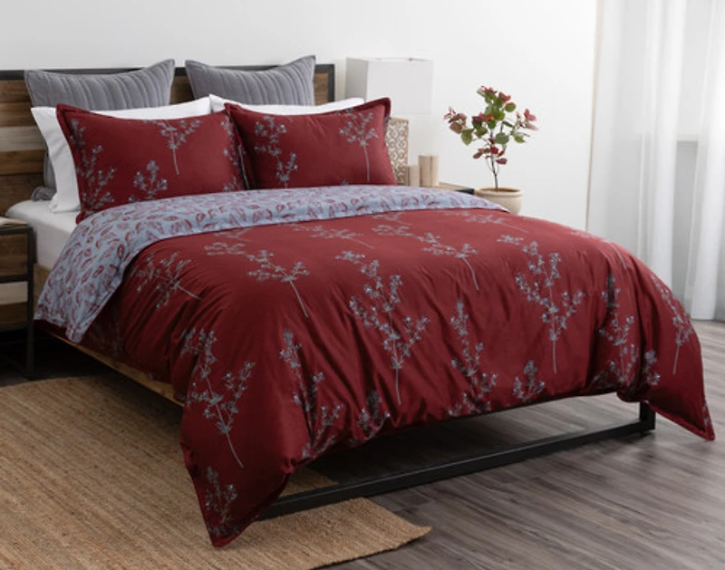 Vermillia Duvet Cover, Cotton Set, Botanical, Red,