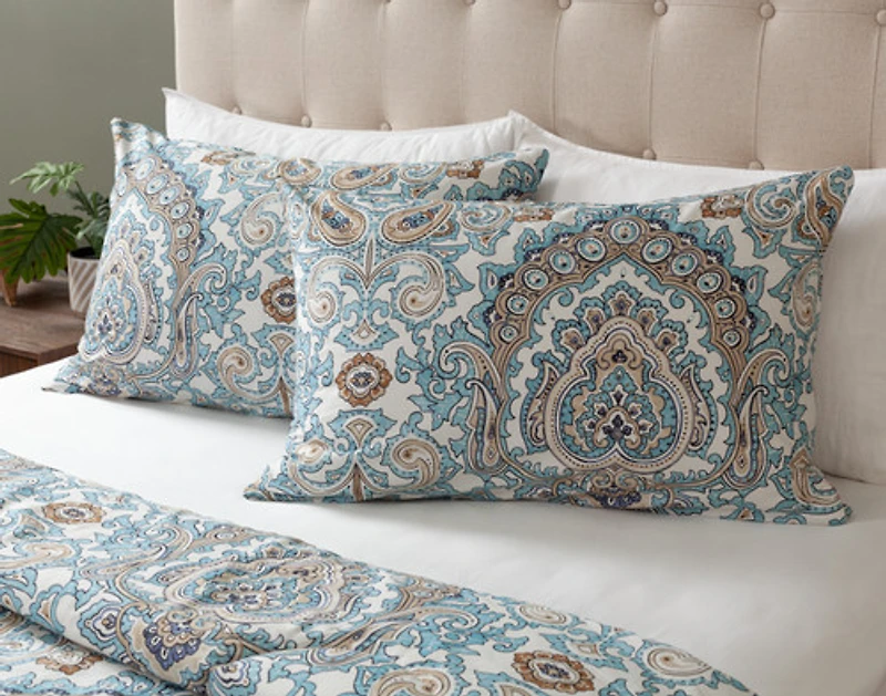 Phoebe Cotton Comforter Set, Paisley, Blue,
