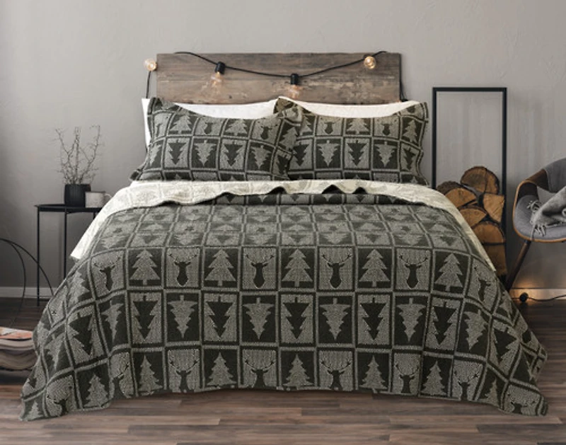 Deep Forest Cotton Quilt Set, Geometric, Green,